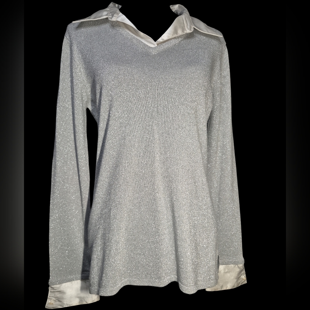 Vintage Clothing Co. Silver Lurex Shimmer Knit Sweater with Satin Trim - Size M